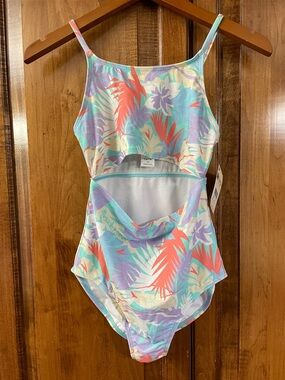 Salt Life Youth Girls Floral Cutout One-Piece Swimsuit - Coral, Aqua & Lavender